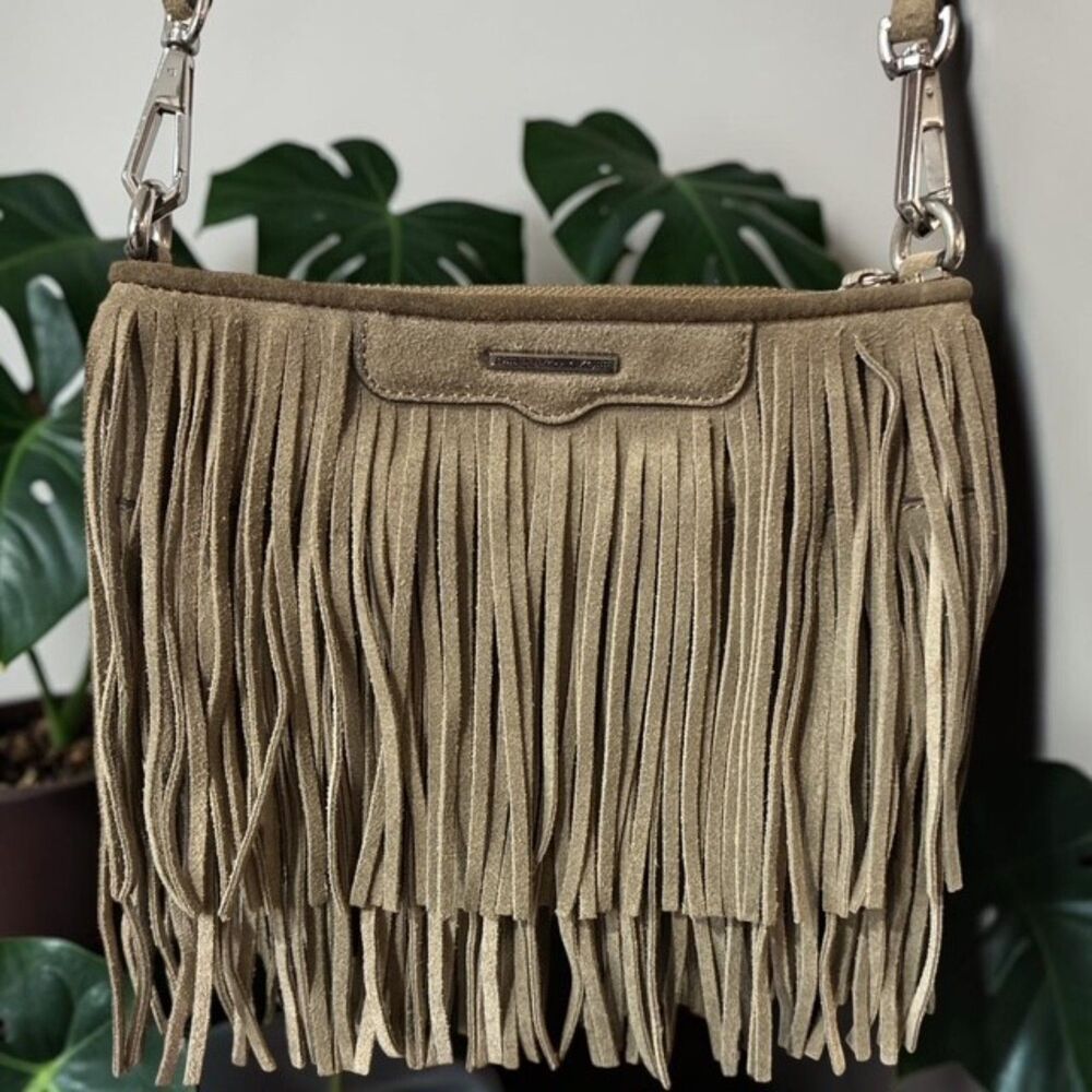 Rebecca Minkoff Finn Fringe Suede Crossbody Bag Khaki Olive EUC Boho Festival - Picture 2 of 4